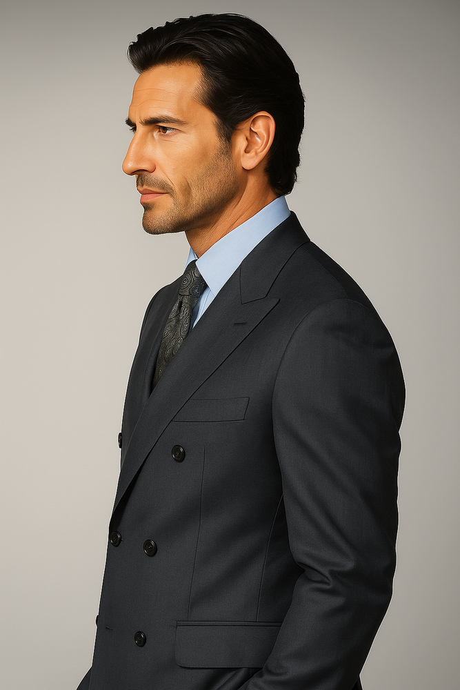 Dark Grey Double Breasted Suits peak lapel wool front With Side Vent Jacket Pleated Pants suit