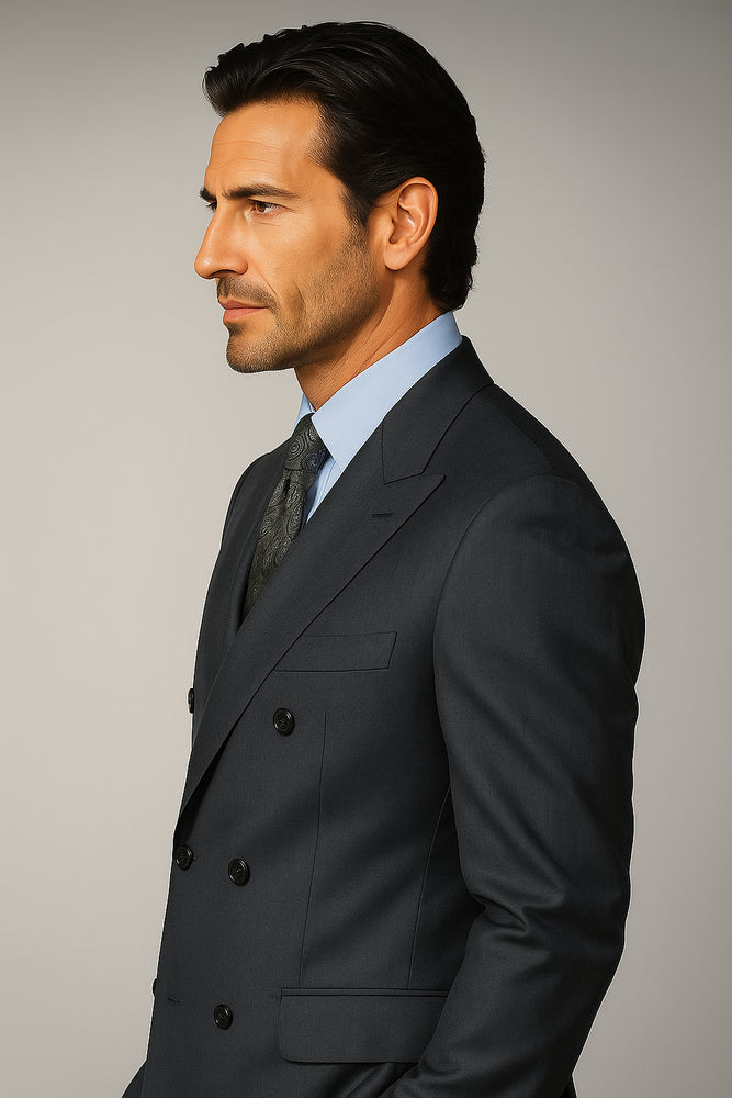 Dark Grey Double Breasted Suits peak lapel wool front With Side Vent Jacket Pleated Pants suit