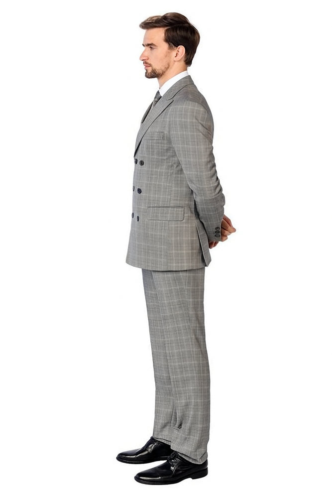 Men's Double Breasted Suits Grey Flannel Classic Fit Sharp Unique Style Suit