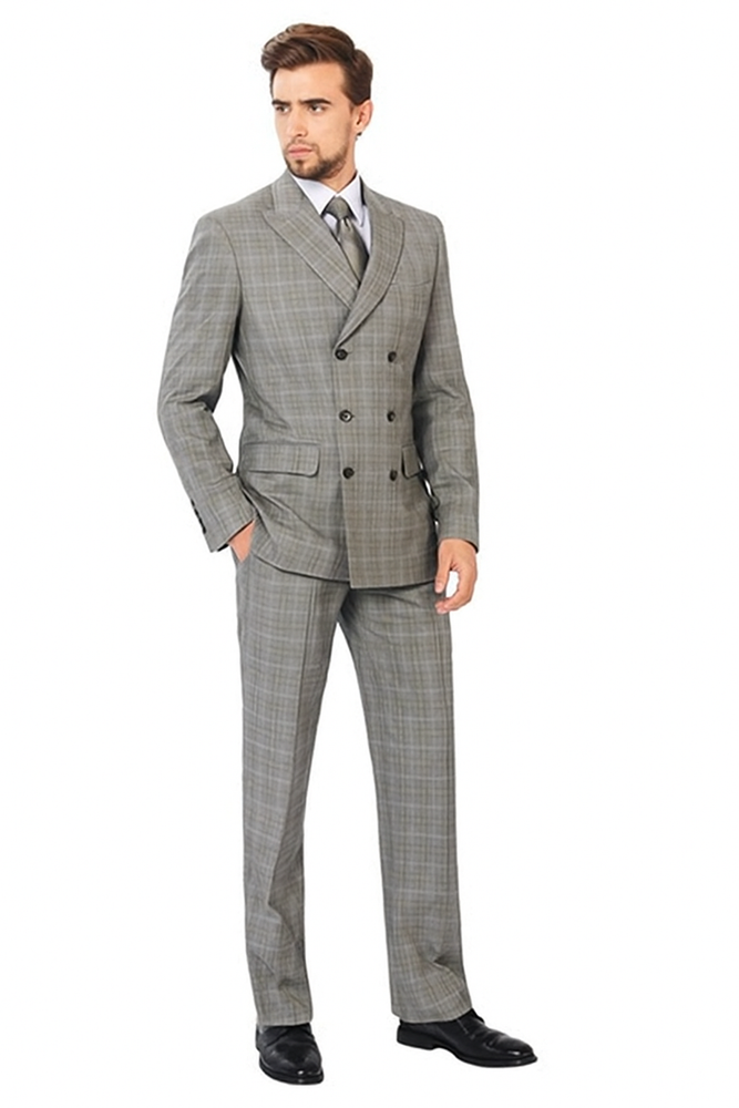 Men's Double Breasted Suits Grey Flannel Classic Fit Sharp Unique Style Suit