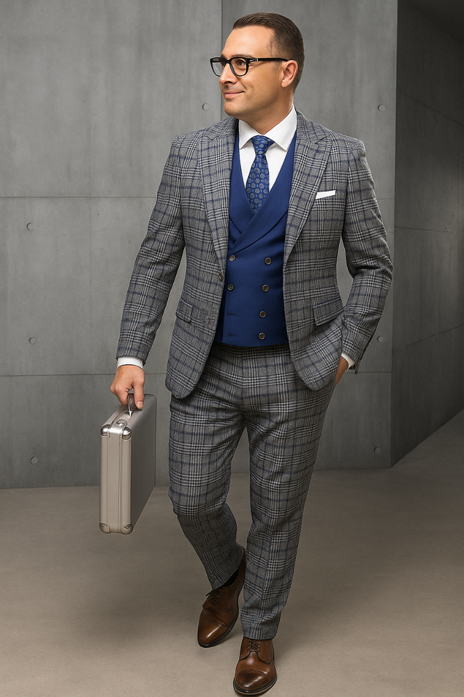 Gray Plaid - Vested Suits - Statement Brand - Vested Suits Wool suits - Suits with Double Breasted Vest - Windowpane Pattern