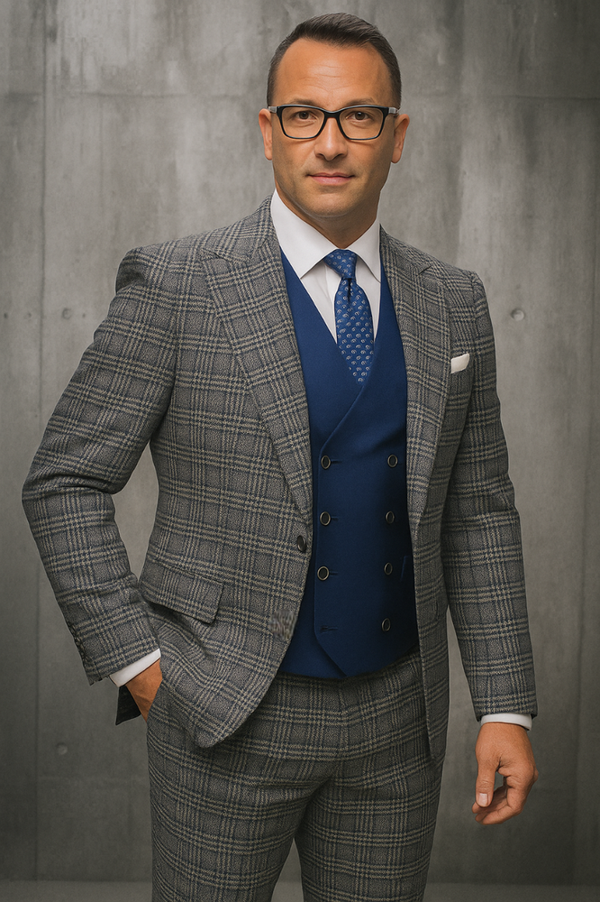 Gray Plaid - Vested Suits - Statement Brand - Vested Suits Wool suits - Suits with Double Breasted Vest - Windowpane Pattern