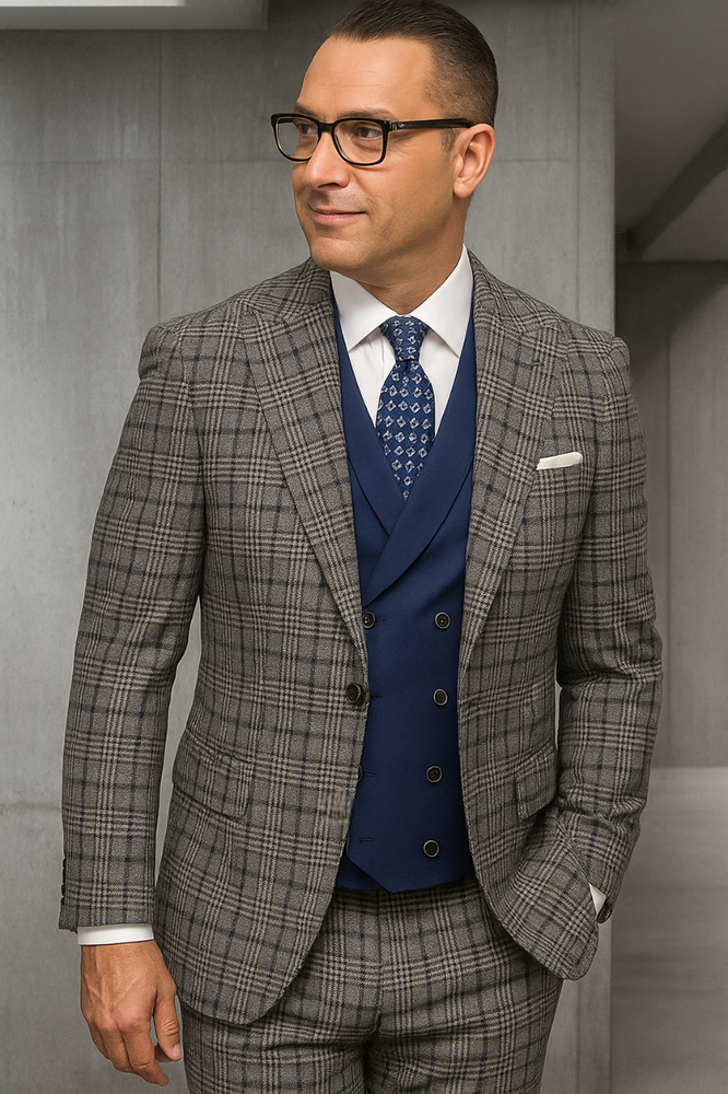 Gray Plaid - Vested Suits - Statement Brand - Vested Suits Wool suits - Suits with Double Breasted Vest - Windowpane Pattern