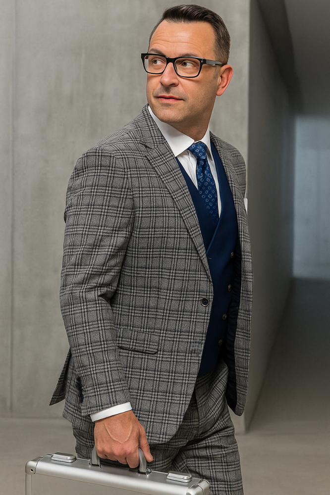 Gray Plaid - Vested Suits - Statement Brand - Vested Suits Wool suits - Suits with Double Breasted Vest - Windowpane Pattern