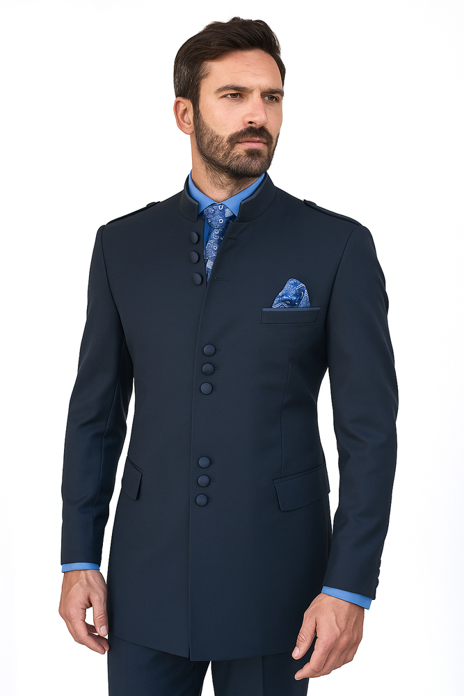 Mandarin Collar Tuxedo - Mandarin Tuxedo - No Collar Suit - Navy Blue Suit