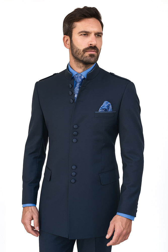 Mandarin Collar Tuxedo - Mandarin Tuxedo - No Collar Suit - Navy Blue Suit