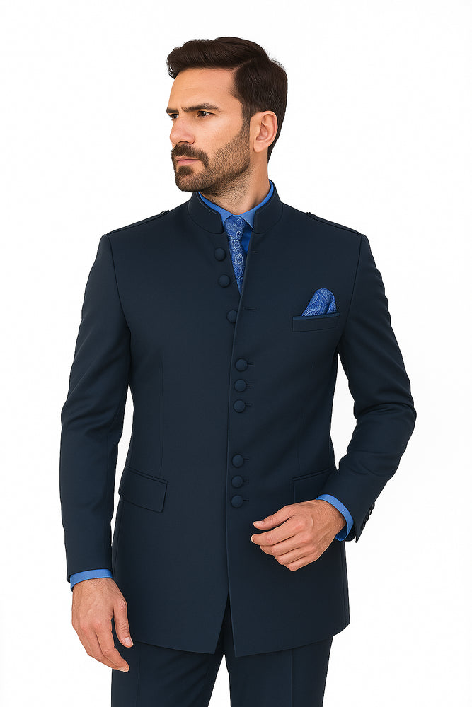 Mandarin Collar Tuxedo - Mandarin Tuxedo - No Collar Suit - Navy Blue Suit