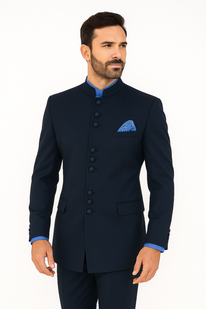 Mandarin Collar Tuxedo - Mandarin Tuxedo - No Collar Suit - Navy Blue Suit