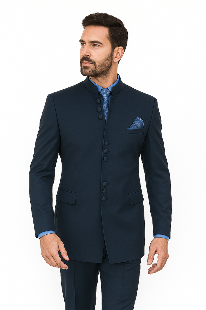 Mandarin Collar Tuxedo - Mandarin Tuxedo - No Collar Suit - Navy Blue Suit