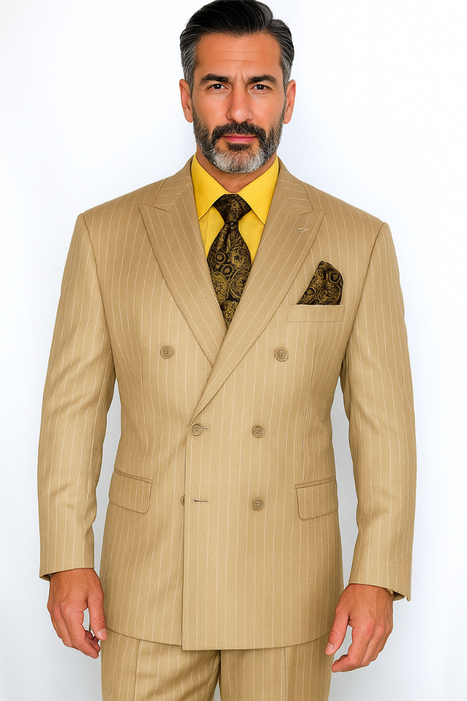 Men's Double Breasted Suit Peak Lapel 2 Button Suit Camel Pin Stripe