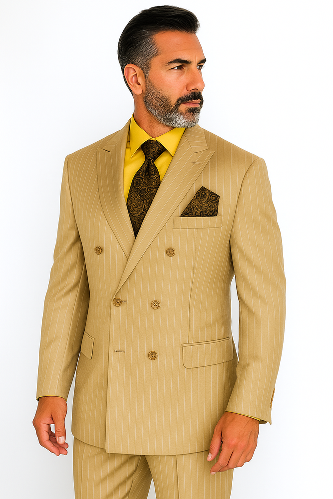 Men's Double Breasted Suit Peak Lapel 2 Button Suit Camel Pin Stripe
