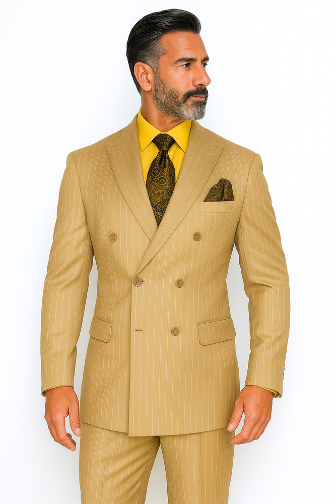 Men's Double Breasted Suit Peak Lapel 2 Button Suit Camel Pin Stripe