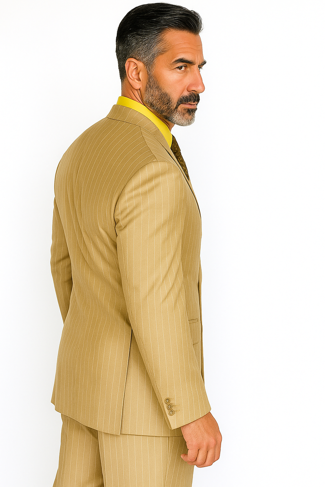 Men's Double Breasted Suit Peak Lapel 2 Button Suit Camel Pin Stripe