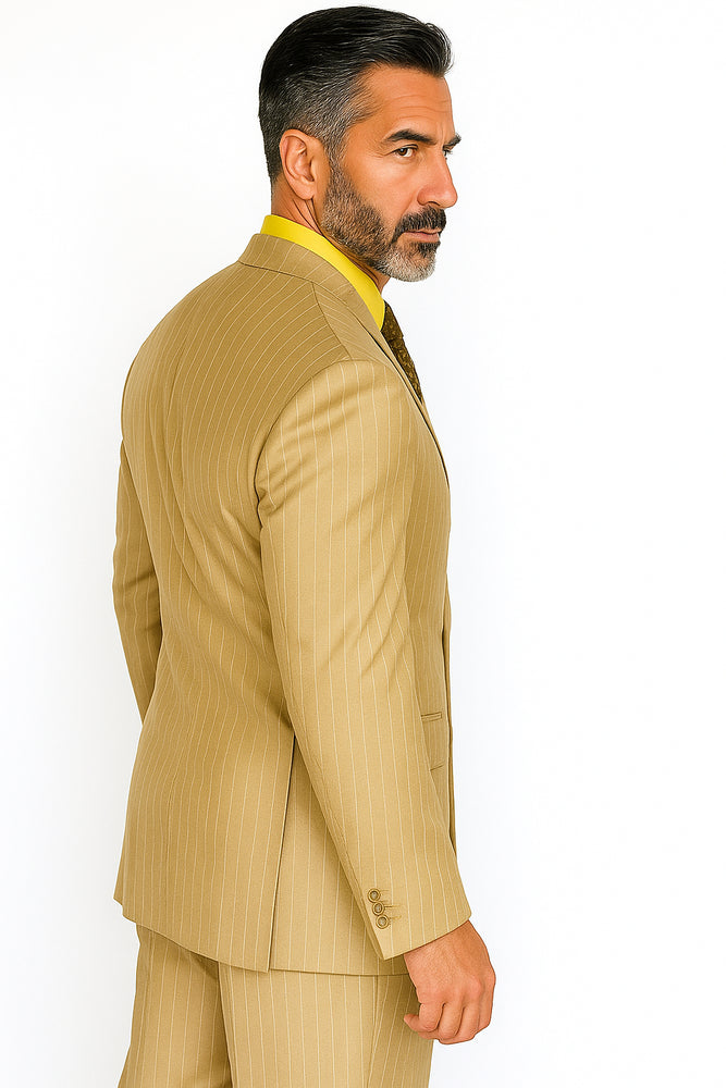 Men's Double Breasted Suit Peak Lapel 2 Button Suit Camel Pin Stripe