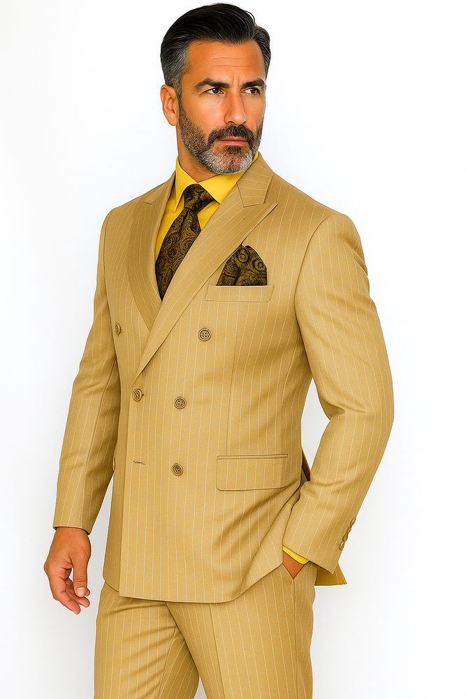 Men's Double Breasted Suit Peak Lapel 2 Button Suit Camel Pin Stripe