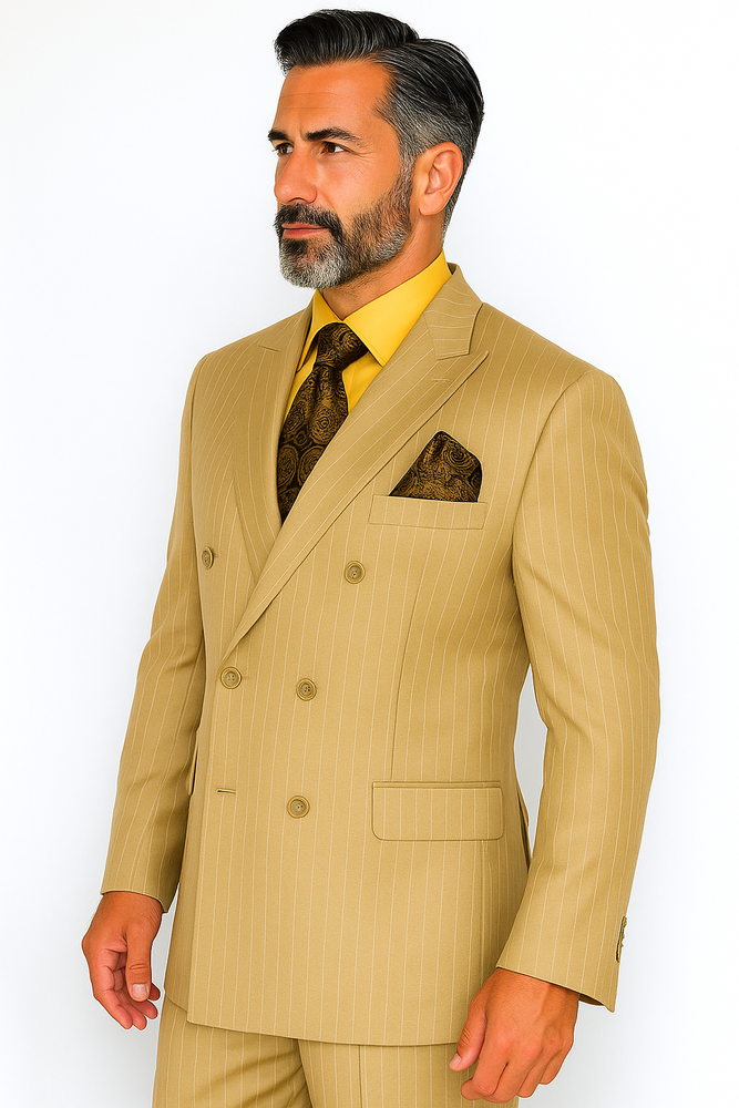 Men's Double Breasted Suit Peak Lapel 2 Button Suit Camel Pin Stripe