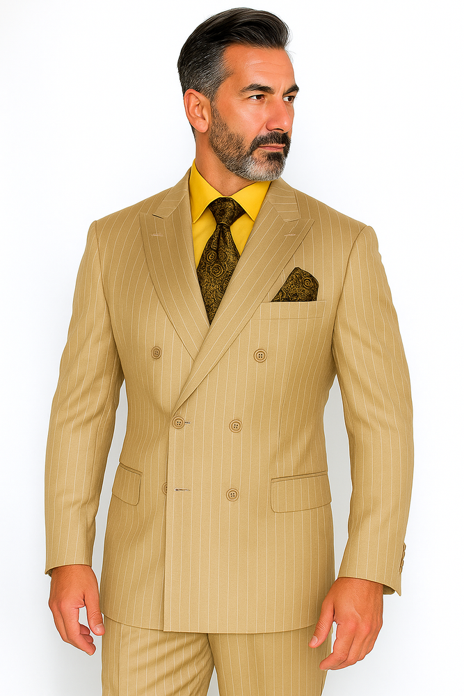 Men's Double Breasted Suit Peak Lapel 2 Button Suit Camel Pin Stripe