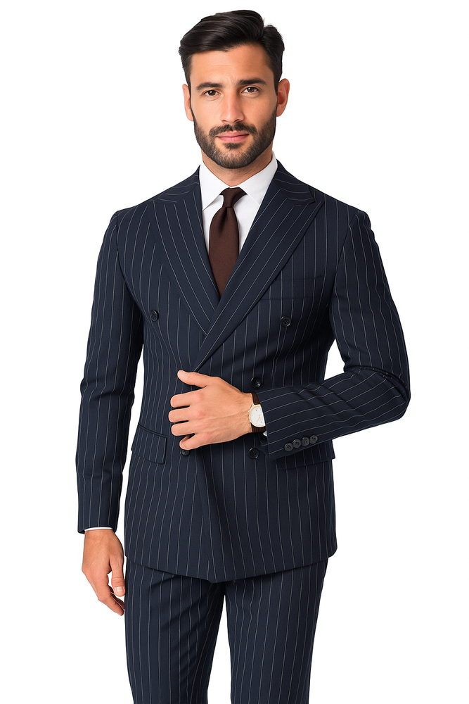 Men's Double Breasted Suits Color Dark Navy Blue Suit For Men With Side Vent Jacket Pleated Pants (Wholesale price $95 (12pc&UPMinimum))