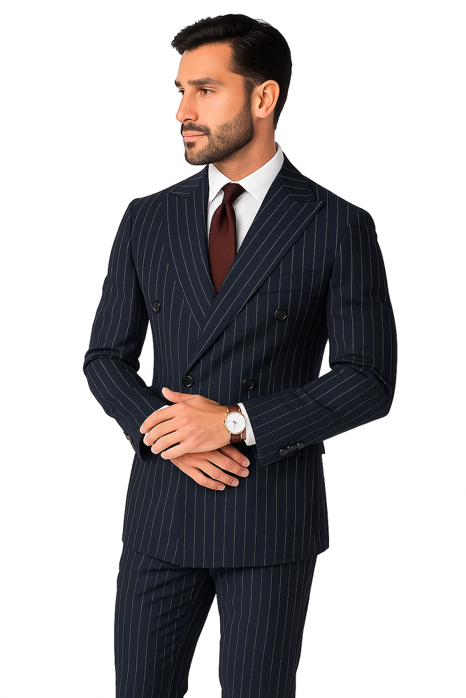 Men's Double Breasted Suits Color Dark Navy Blue Suit For Men With Side Vent Jacket Pleated Pants (Wholesale price $95 (12pc&UPMinimum))