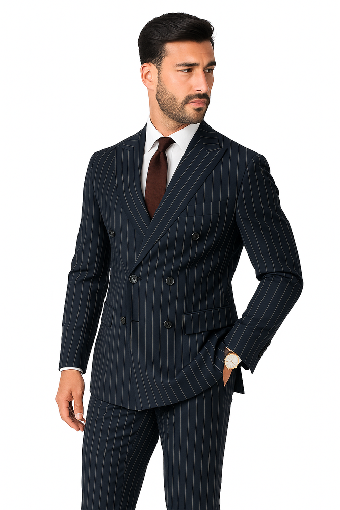 Men's Double Breasted Suits Color Dark Navy Blue Suit For Men With Side Vent Jacket Pleated Pants (Wholesale price $95 (12pc&UPMinimum))