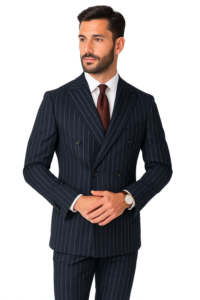 Men's Double Breasted Suits Color Dark Navy Blue Suit For Men With Side Vent Jacket Pleated Pants (Wholesale price $95 (12pc&UPMinimum))
