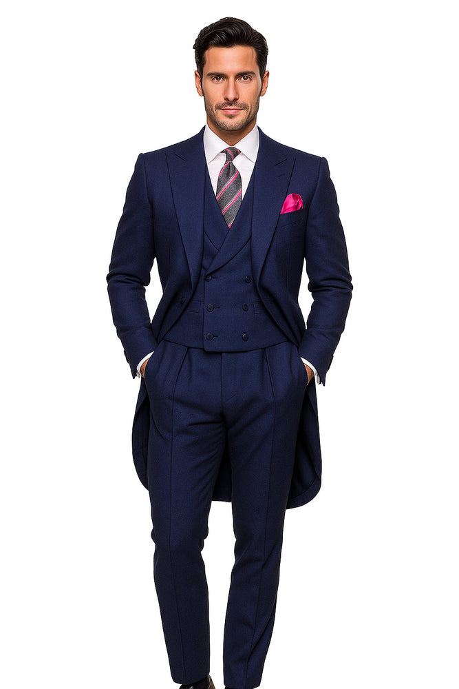 Men's Light Weight Peak Lapel Wool 1 Button Navy Blue Morning Coat