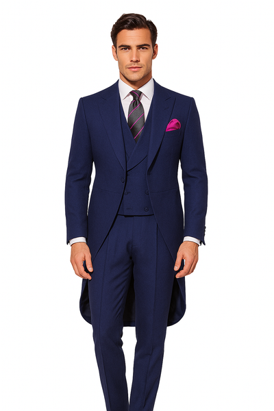 Men's Light Weight Peak Lapel Wool 1 Button Navy Blue Morning Coat