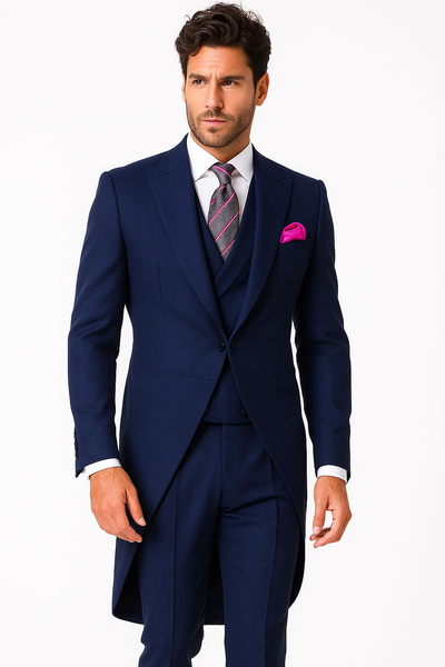 Men's Light Weight Peak Lapel Wool 1 Button Navy Blue Morning Coat