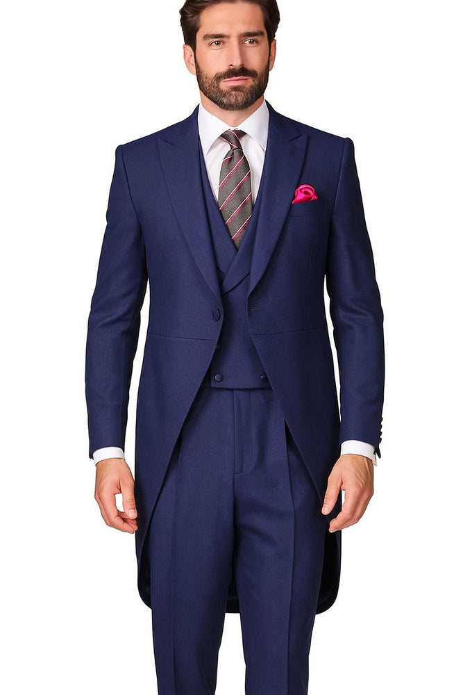 Men's Light Weight Peak Lapel Wool 1 Button Navy Blue Morning Coat