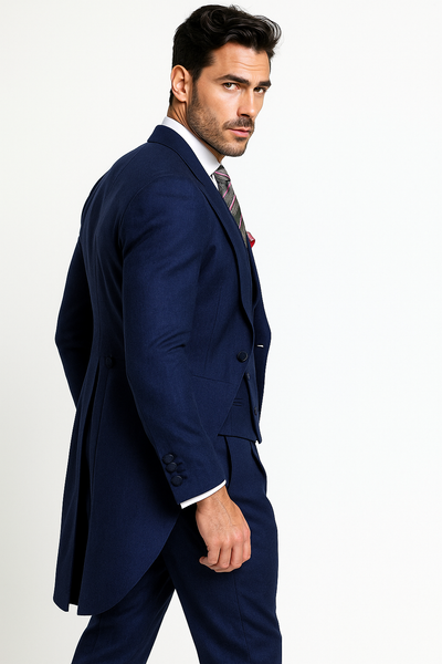 Men's Light Weight Peak Lapel Wool 1 Button Navy Blue Morning Coat