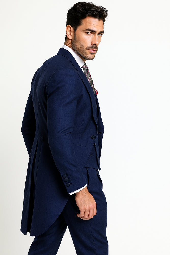 Men's Light Weight Peak Lapel Wool 1 Button Navy Blue Morning Coat