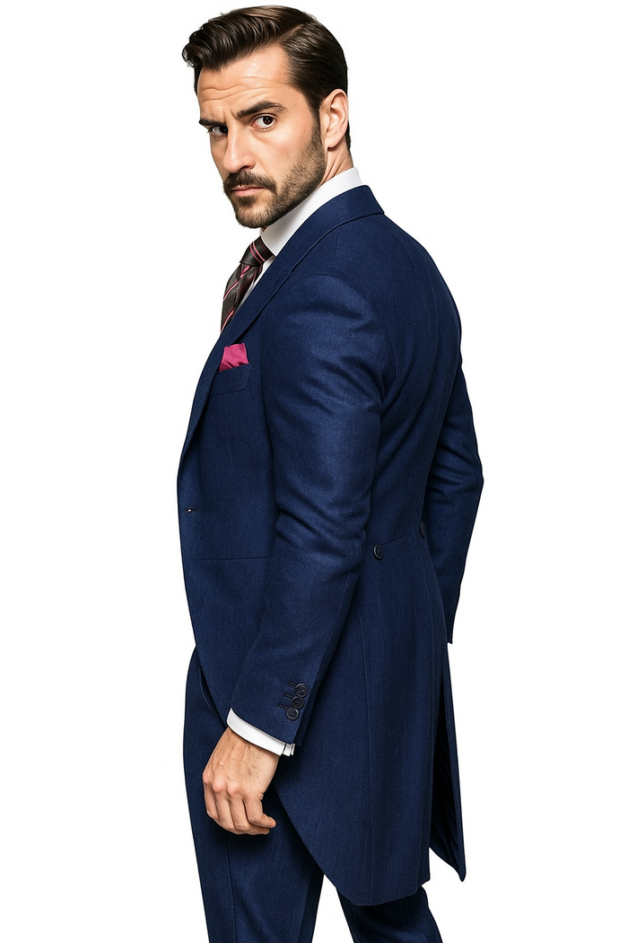 Men's Light Weight Peak Lapel Wool 1 Button Navy Blue Morning Coat