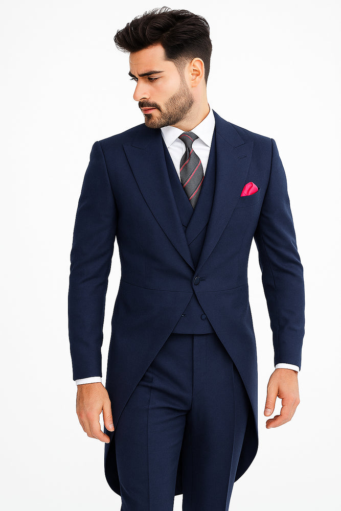 Men's Light Weight Peak Lapel Wool 1 Button Navy Blue Morning Coat