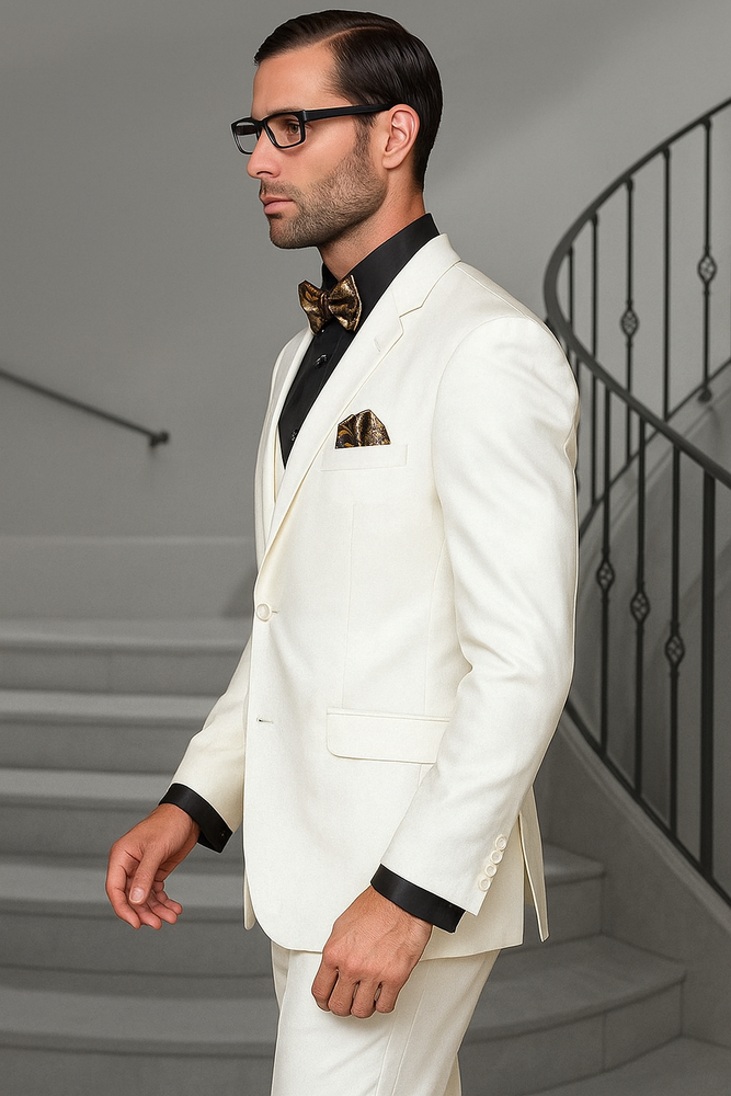 Notch Lapel Two Buttons Side Vented Vested No Pleated Pants 100% Wool Discounted Sale Fit 3 Piece Suit Off White