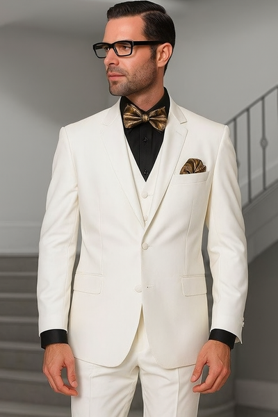 Notch Lapel Two Buttons Side Vented Vested No Pleated Pants 100% Wool Discounted Sale Fit 3 Piece Suit Off White