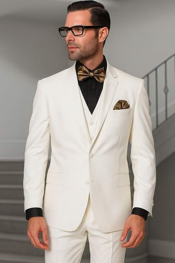 Notch Lapel Two Buttons Side Vented Vested No Pleated Pants 100% Wool Discounted Sale Fit 3 Piece Suit Off White