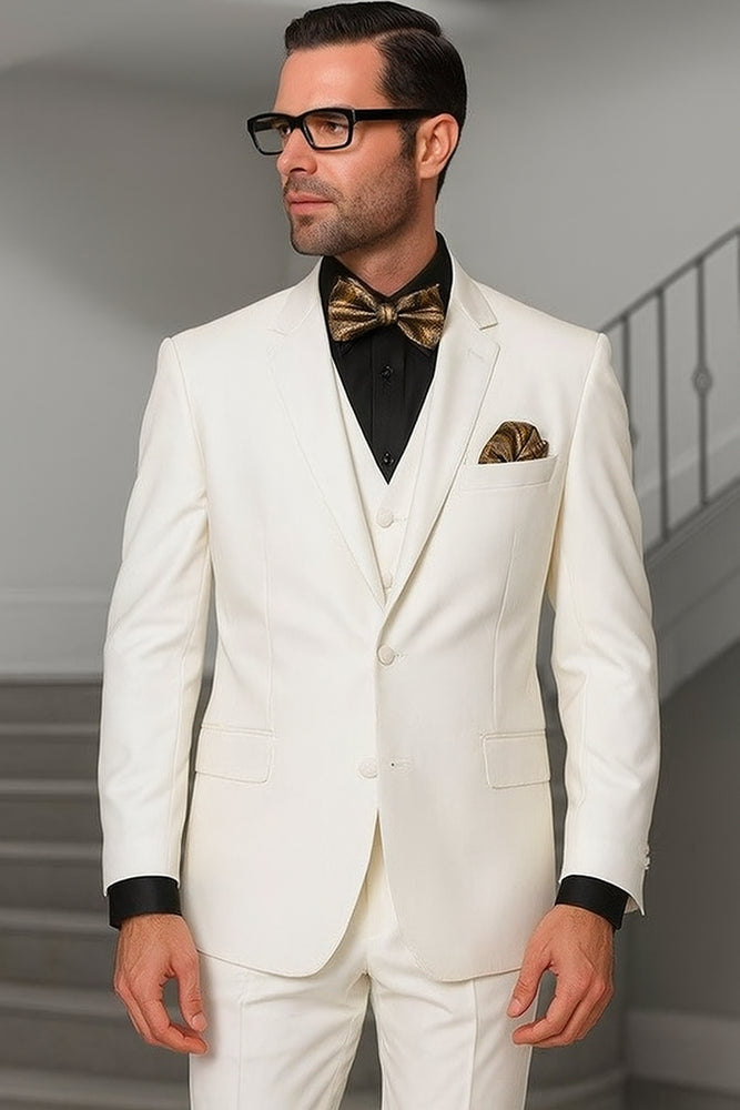 Notch Lapel Two Buttons Side Vented Vested No Pleated Pants 100% Wool Discounted Sale Fit 3 Piece Suit Off White