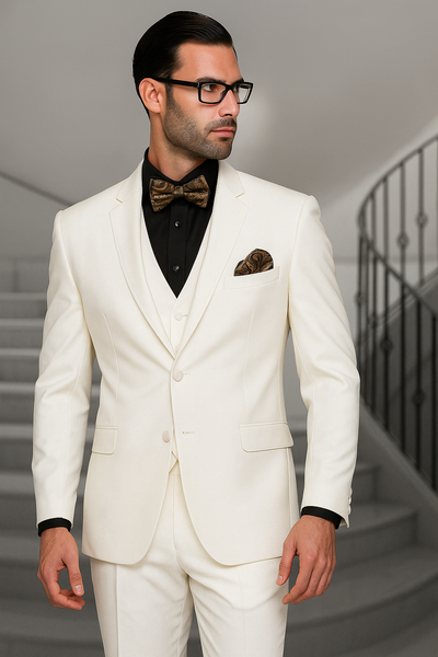 Notch Lapel Two Buttons Side Vented Vested No Pleated Pants 100% Wool Discounted Sale Fit 3 Piece Suit Off White