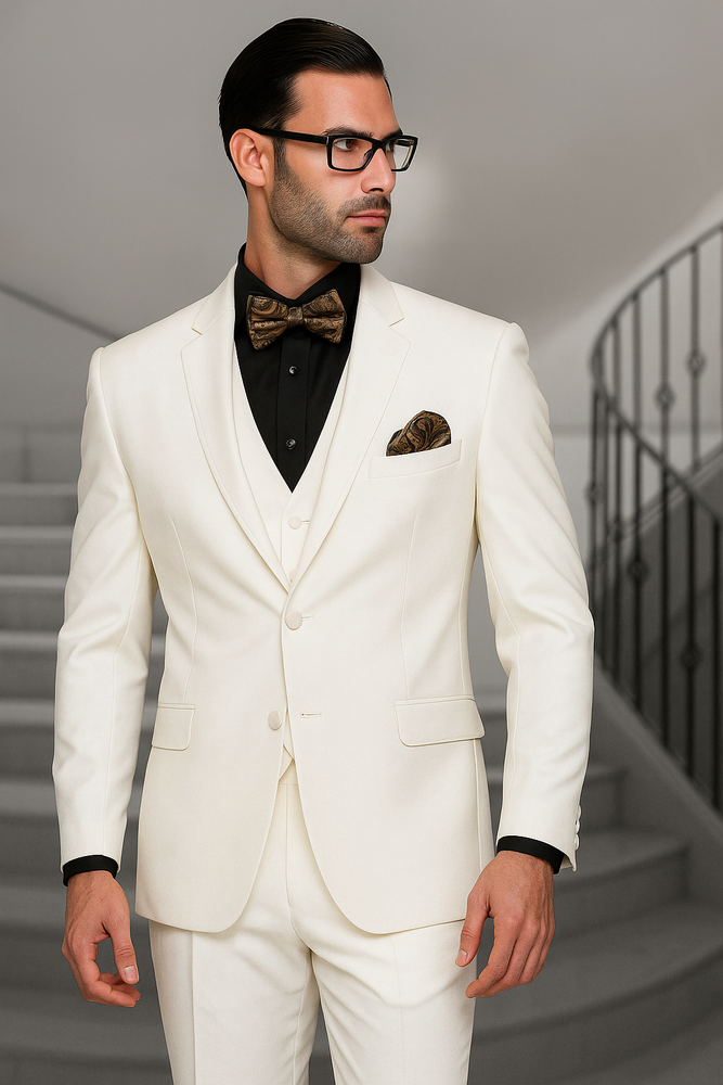 Notch Lapel Two Buttons Side Vented Vested No Pleated Pants 100% Wool Discounted Sale Fit 3 Piece Suit Off White