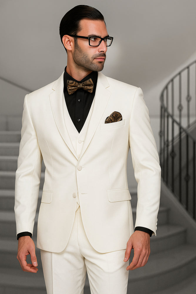 Notch Lapel Two Buttons Side Vented Vested No Pleated Pants 100% Wool Discounted Sale Fit 3 Piece Suit Off White