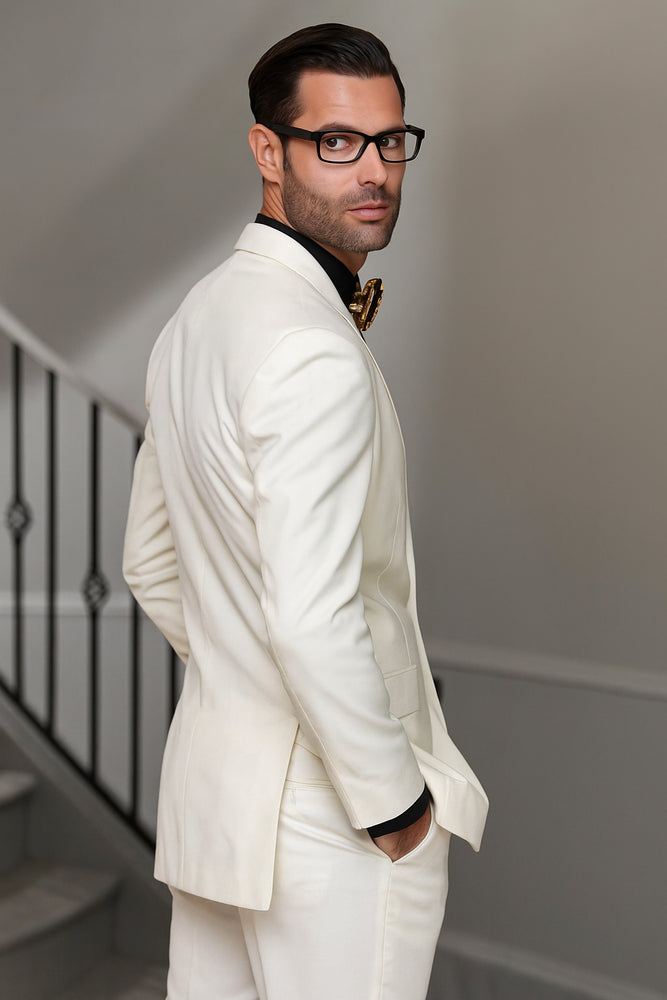 Notch Lapel Two Buttons Side Vented Vested No Pleated Pants 100% Wool Discounted Sale Fit 3 Piece Suit Off White