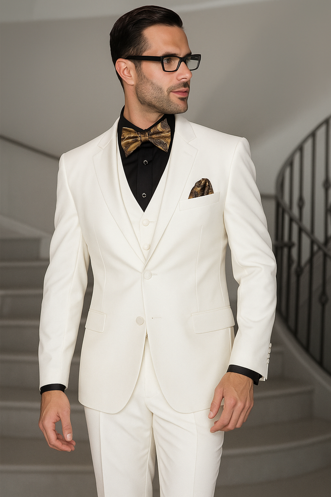 Notch Lapel Two Buttons Side Vented Vested No Pleated Pants 100% Wool Discounted Sale Fit 3 Piece Suit Off White
