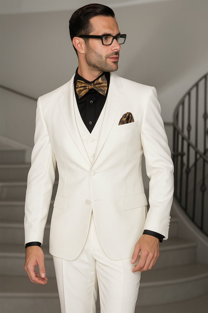 Notch Lapel Two Buttons Side Vented Vested No Pleated Pants 100% Wool Discounted Sale Fit 3 Piece Suit Off White