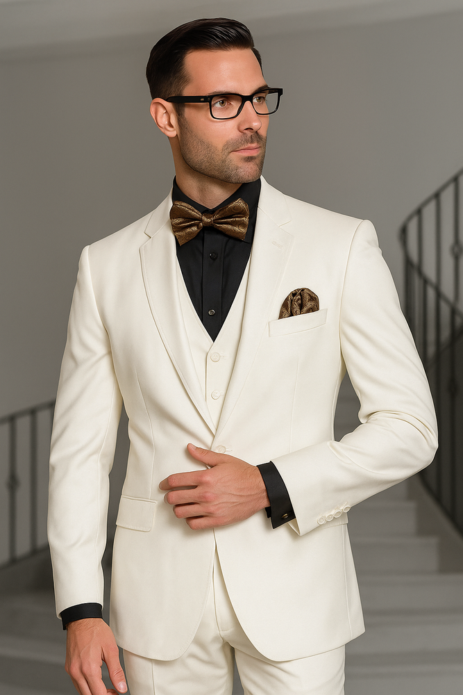 Notch Lapel Two Buttons Side Vented Vested No Pleated Pants 100% Wool Discounted Sale Fit 3 Piece Suit Off White