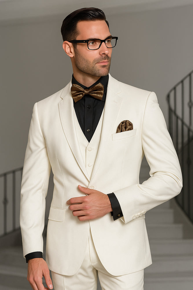 Notch Lapel Two Buttons Side Vented Vested No Pleated Pants 100% Wool Discounted Sale Fit 3 Piece Suit Off White