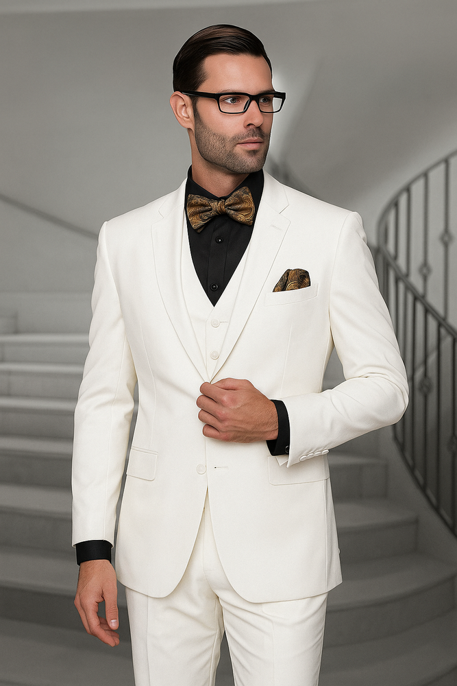 Notch Lapel Two Buttons Side Vented Vested No Pleated Pants 100% Wool Discounted Sale Fit 3 Piece Suit Off White