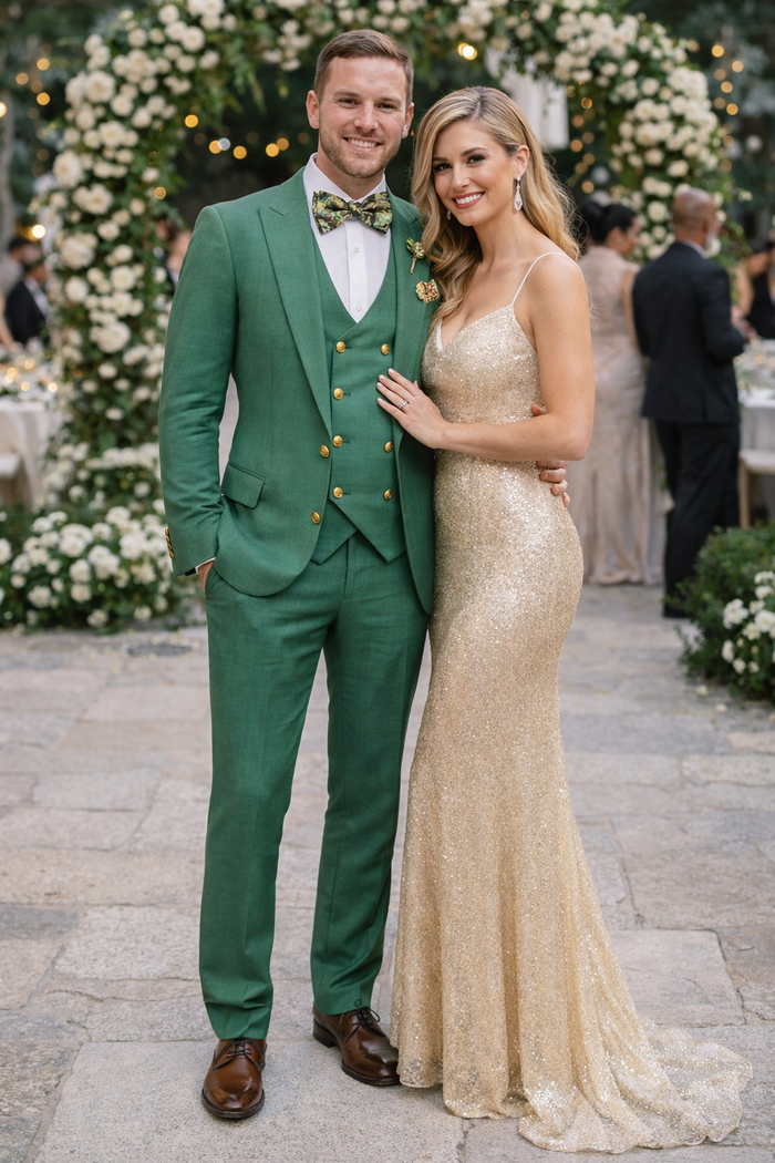 Men’s Green Slim Fit Suit by Rossiman | Stylish Double-Breasted Vest & Flat Front Pants – Italian Tailored 3-Piece Luxury Suit
