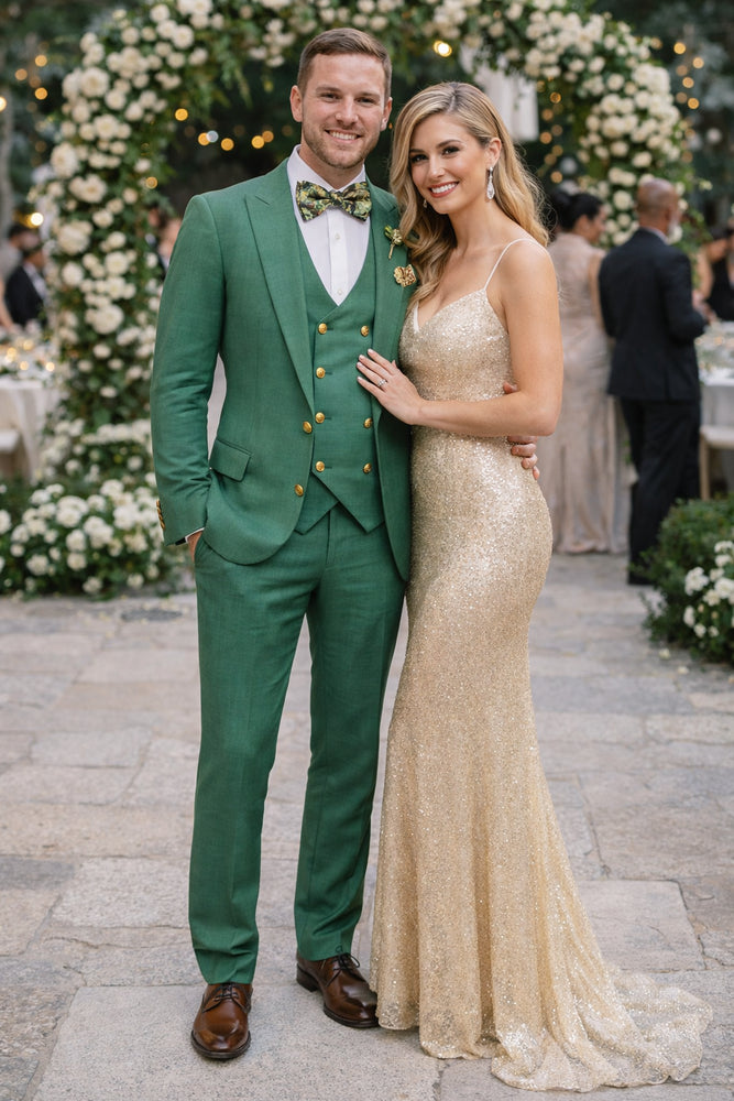 Rossiman Green Men's Slim Fit Suit Double Breast Vest Flat Front Pants