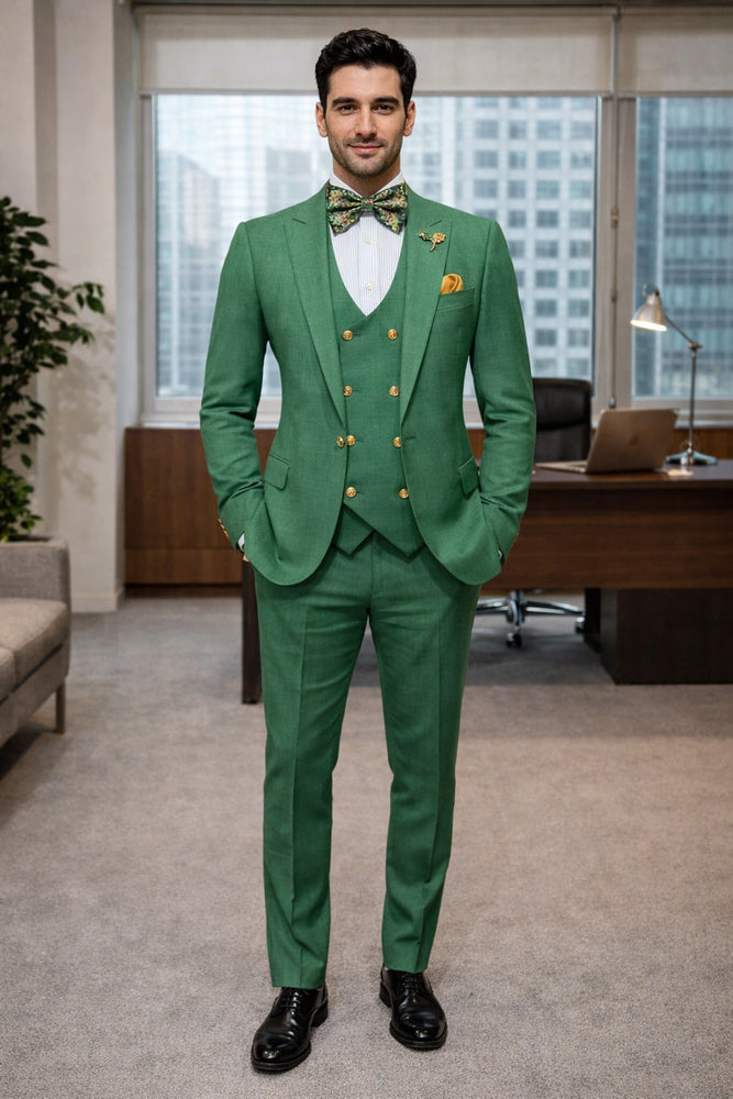 Rossiman Green Men's Slim Fit Suit Double Breast Vest Flat Front Pants