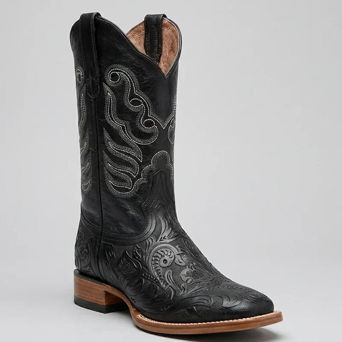 Mens White Diamond Boot Men's Black Hand-Tooled Western Boots Square Toe